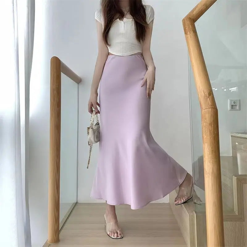 Women’s Black Satin Midi Skirt, High Waist Elegant Summer Office Wear