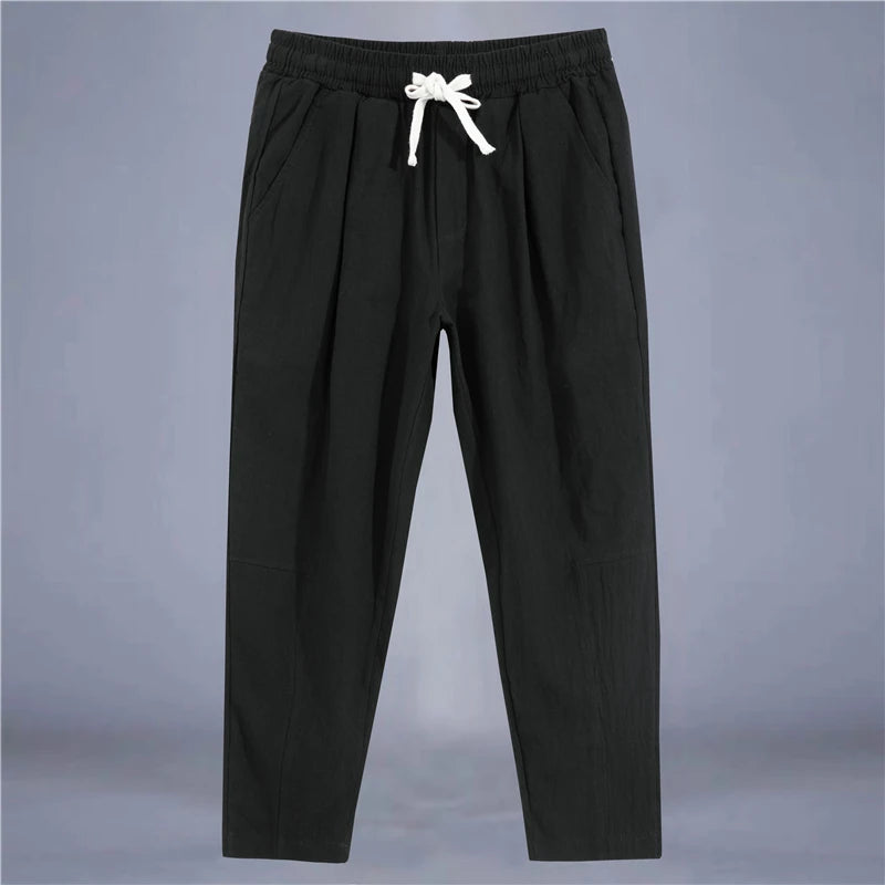 Men’s Cotton Linen Casual Pants, Breathable Straight-Leg Drawstring Trousers