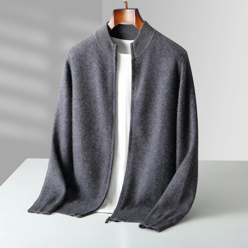 Men’s Merino Wool Sweater – Thick Zippered Mock Collar Cardigan