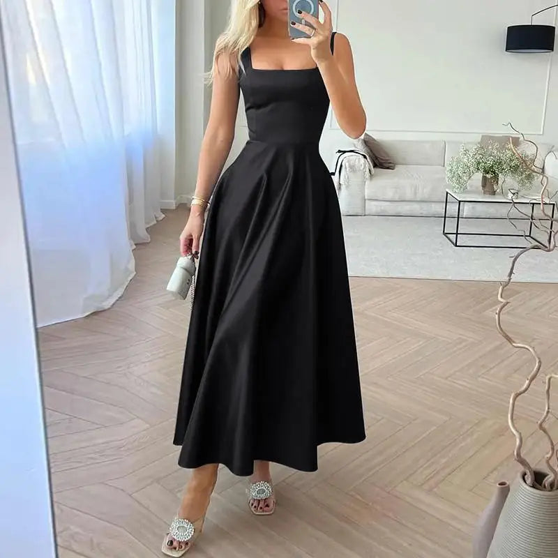Women’s Satin Maxi Sundress – Square Neck Summer Party Dress