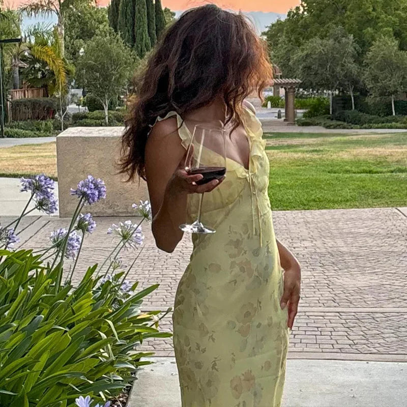 Women’s Floral Plunge Maxi Dress – Backless Summer Beachwear