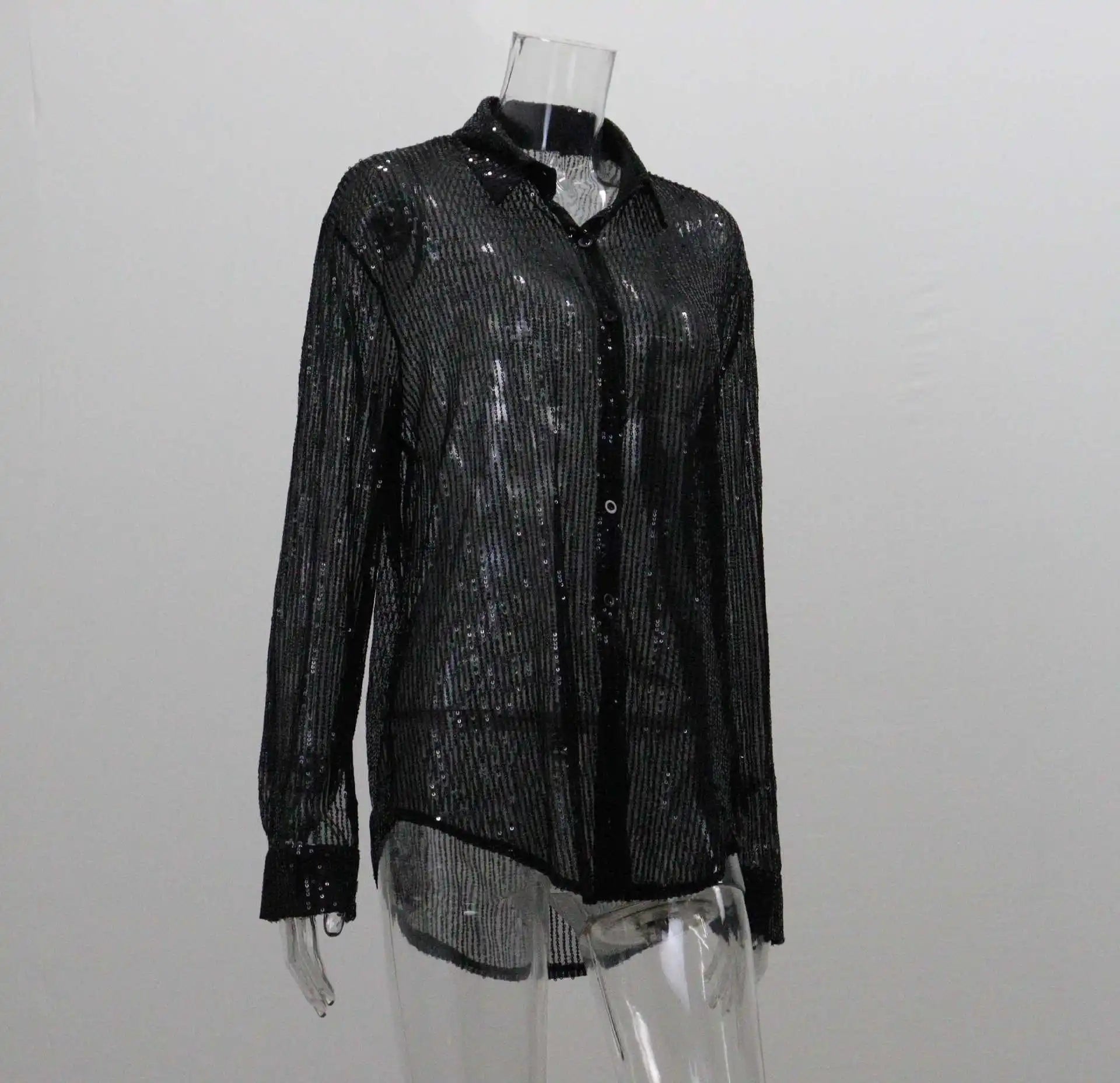 Women’s Sequin Blouse – Silver Glitter Long Sleeve Party Shirt