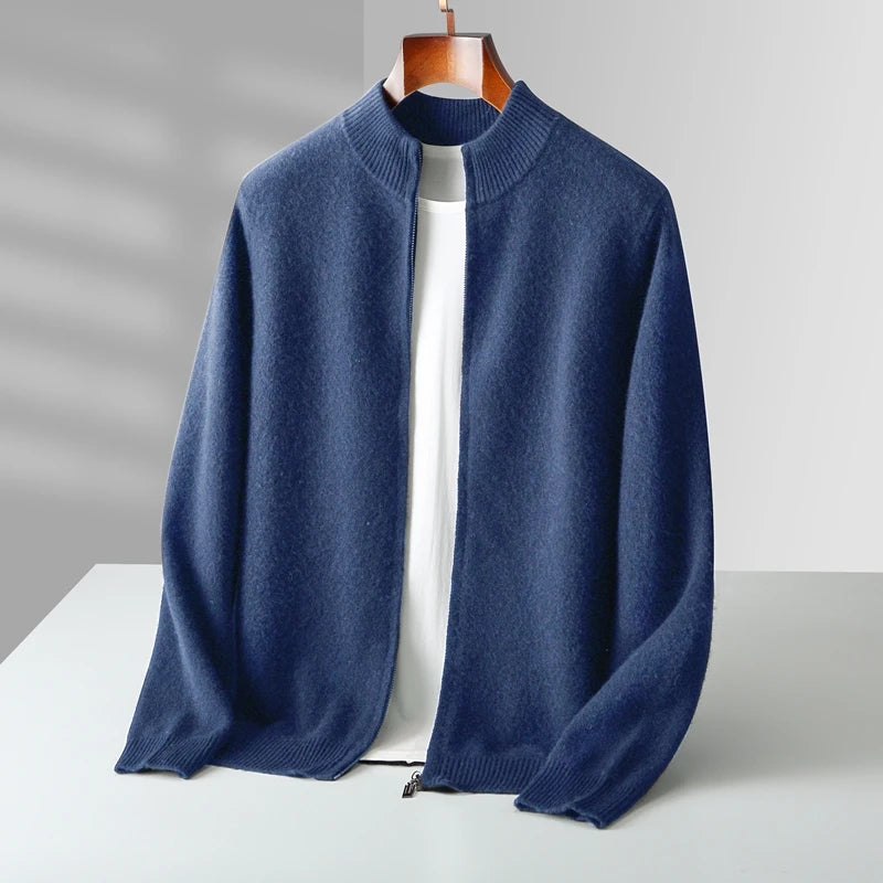 Men’s Merino Wool Sweater – Thick Zippered Mock Collar Cardigan