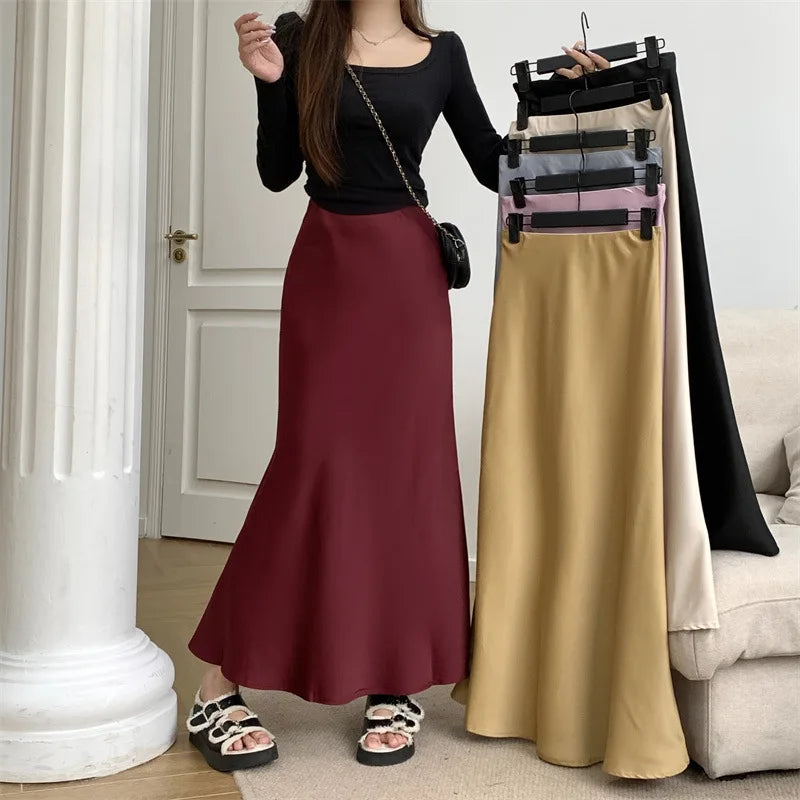 Women’s Black Satin Midi Skirt, High Waist Elegant Summer Office Wear