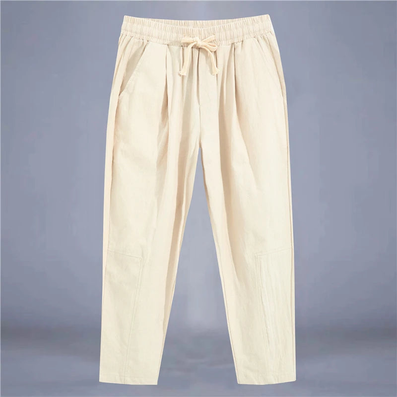 Men’s Cotton Linen Casual Pants, Breathable Straight-Leg Drawstring Trousers