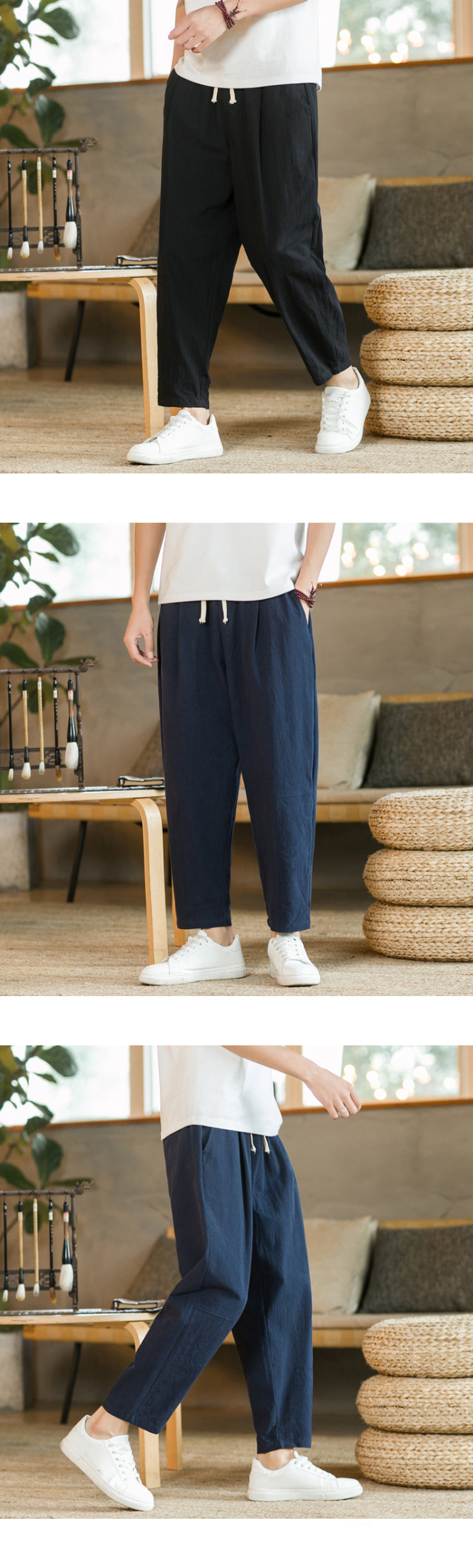 Men’s Cotton Linen Casual Pants, Breathable Straight-Leg Drawstring Trousers