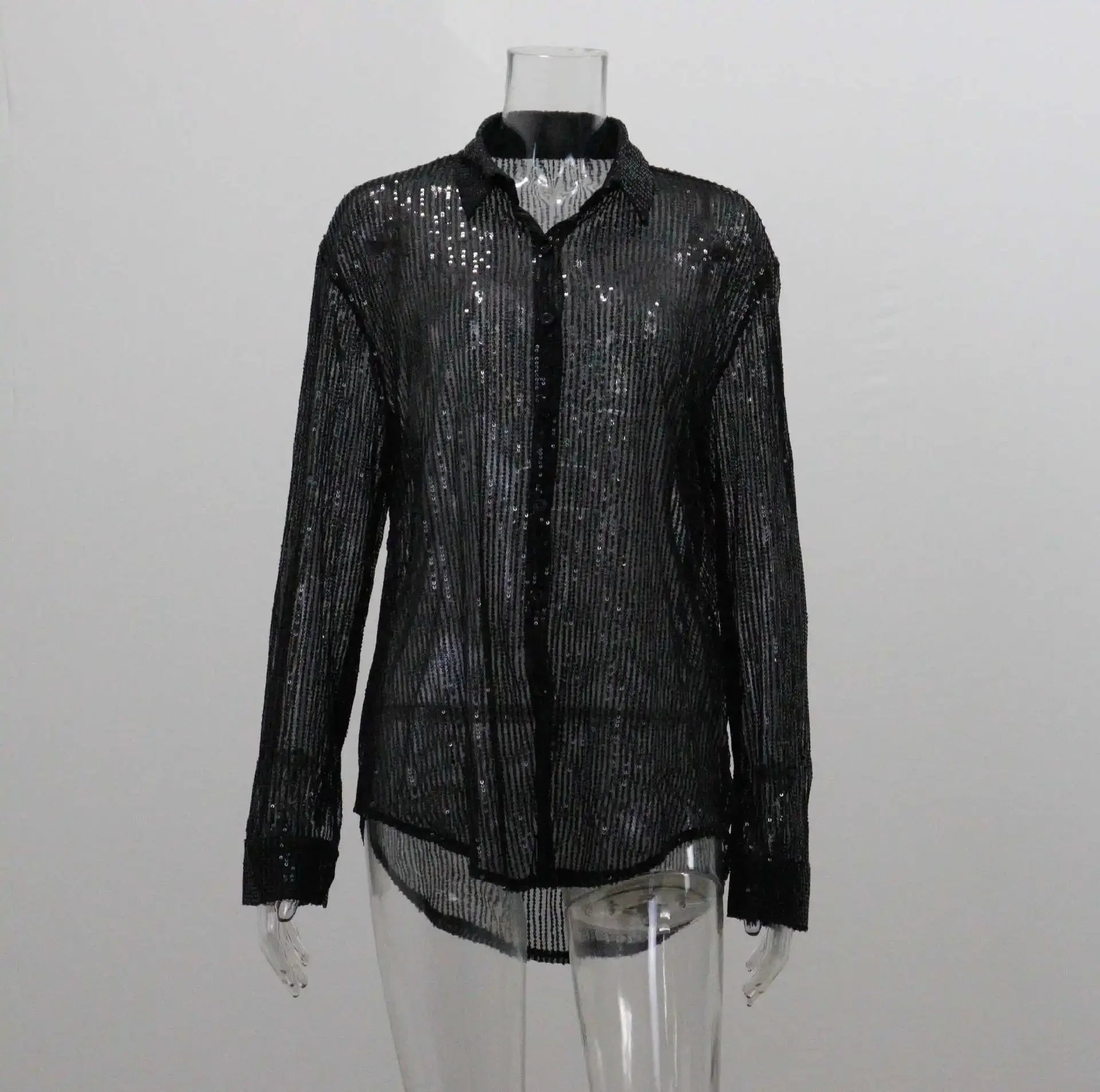 Women’s Sequin Blouse – Silver Glitter Long Sleeve Party Shirt