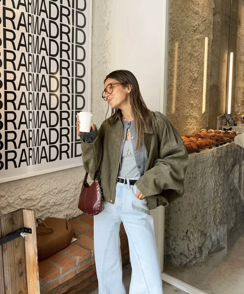 Women’s Suede Bomber Jacket – Loose Fit Lapel Spring 2025