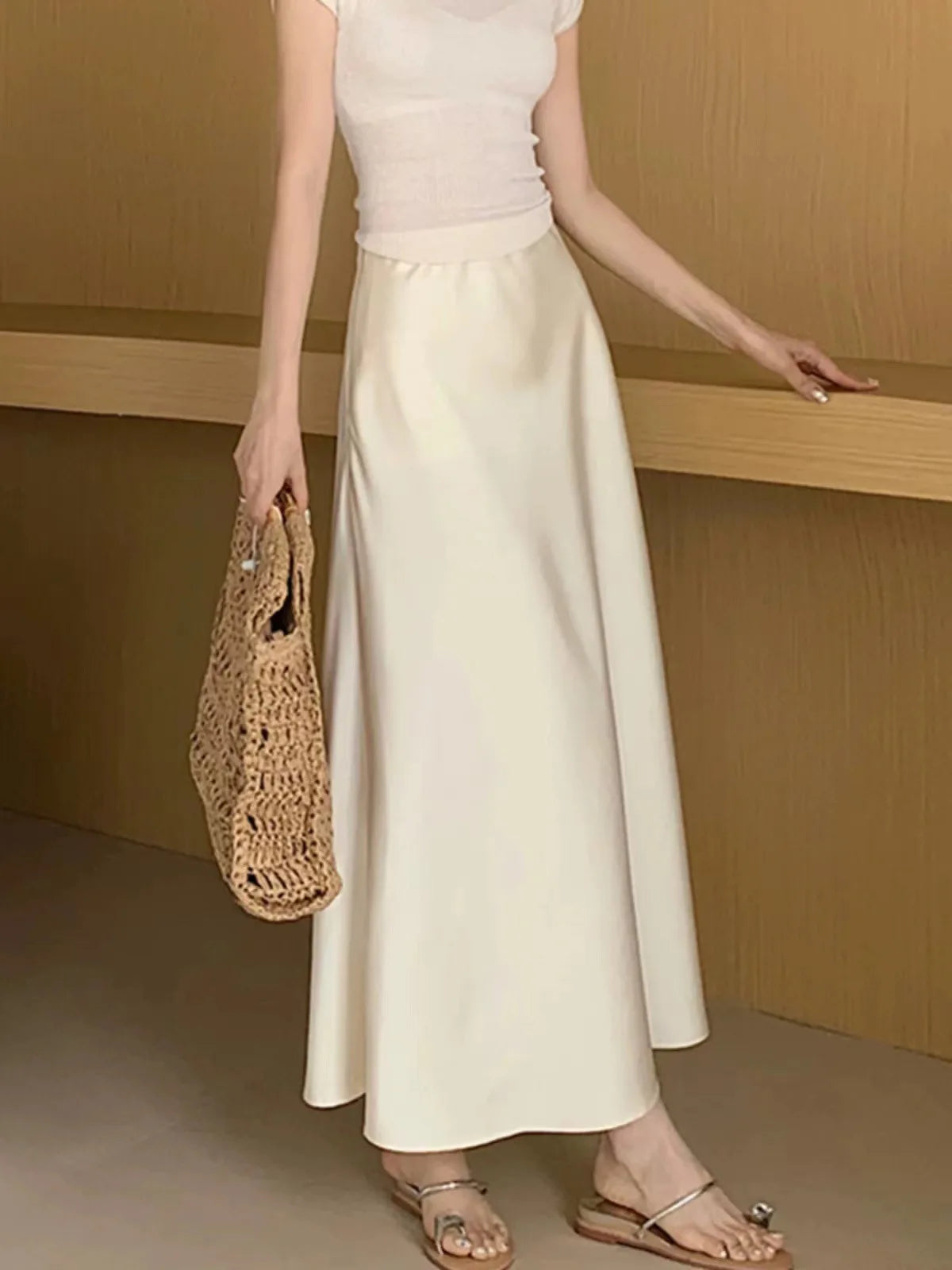 Women’s Black Satin Midi Skirt, High Waist Elegant Summer Office Wear