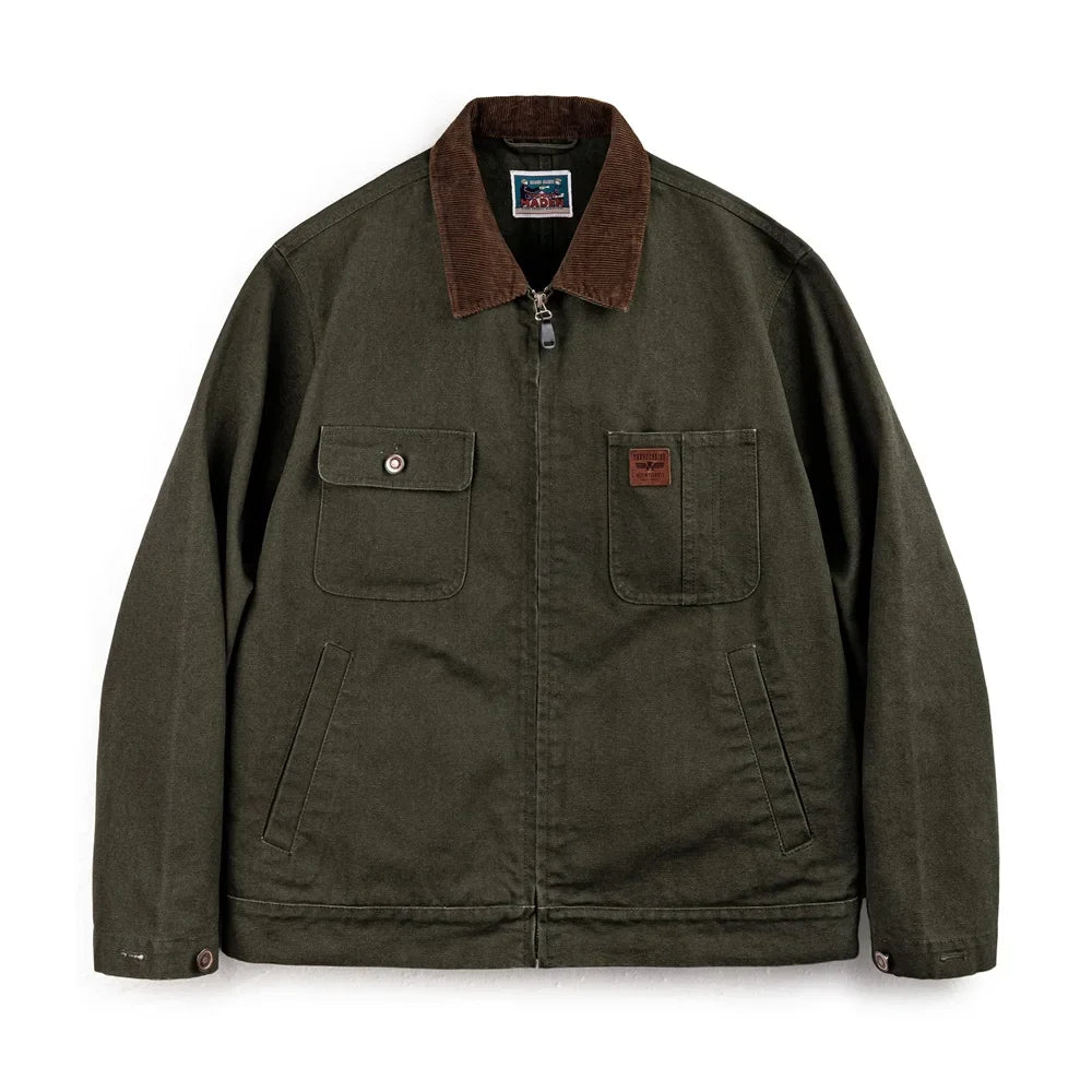 Men’s Retro Canvas Jacket – Heavyweight Detroit Zip-Up with Corduroy Collar