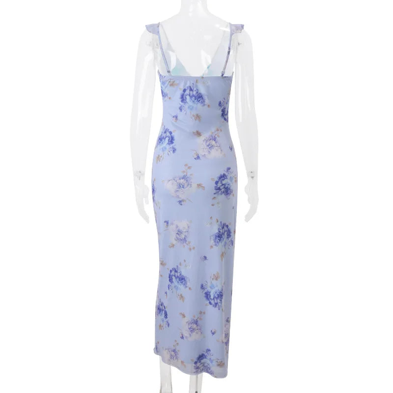 Women’s Floral Plunge Maxi Dress – Backless Summer Beachwear