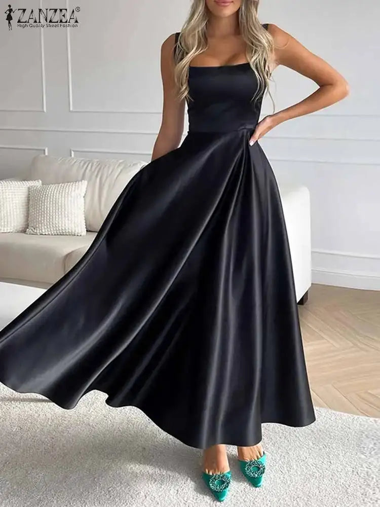Women’s Satin Maxi Sundress – Square Neck Summer Party Dress
