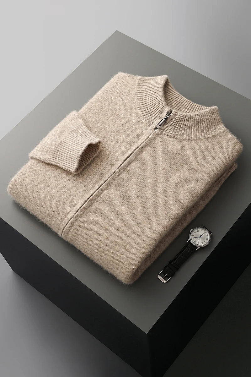 Men’s Merino Wool Sweater – Thick Zippered Mock Collar Cardigan